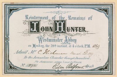 Pozvánka na pohřbení ostatků Johna Huntera ve Westminsterském opatství, Londýn, 28. března 1859 od English School