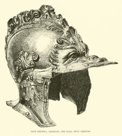 Železná přilba, repousse a zlacená, 16. století od English School