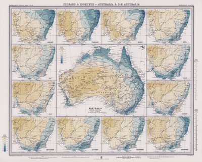 Izobary a izochety, Austrálie a jihovýchodní Austrálie (barevná litografie) od English School