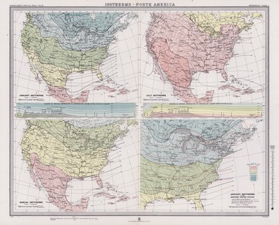Izotermy, Severní Amerika (barevná litografie) od English School