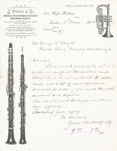 J Francis & Co, výrobci vojenských, dechových a orchestrálních nástrojů od English School