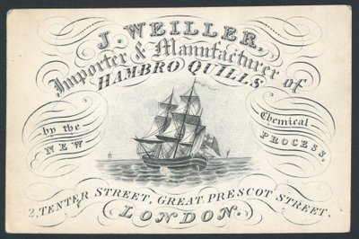 J Weiller, dovozce a výrobce Hambro Quills, 2 Tenter Street, obchodní karta od English School