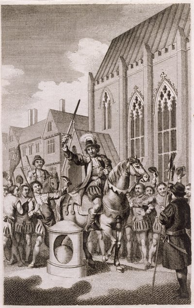 Vzpoura Jacka Cadese v roce 1450: Cade se prohlašuje za Lorda City of London na London Stone, Cannon Street, kolem roku 1770 od English School