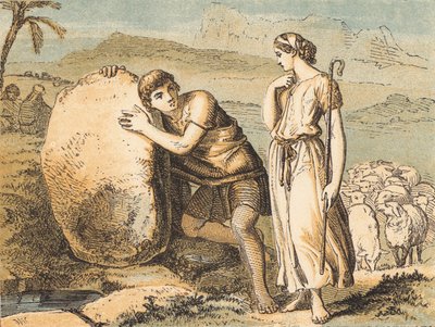 Jacob a Rachel (barevná rytina) od English School