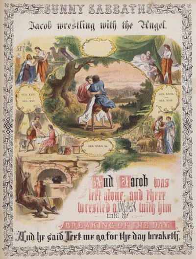 Jacob zápasí s andělem (barevná rytina) od English School