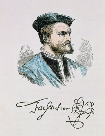 Ilustrace Jacquese Cartiera (1491-1557) ze IV. dílu "Narrative and Critical History of America", 1886 (pozdější kolorování) od English School