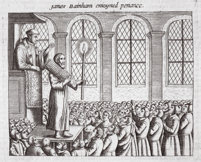 James Bainham si užil pokání, ilustrace z Acts and Monuments od Johna Foxe, deváté vydání, hospoda. 1684 od English School