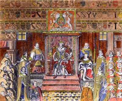 Jakub I. Anglický (1566-1625) u dvora, (rytina) (později kolorování) od English School