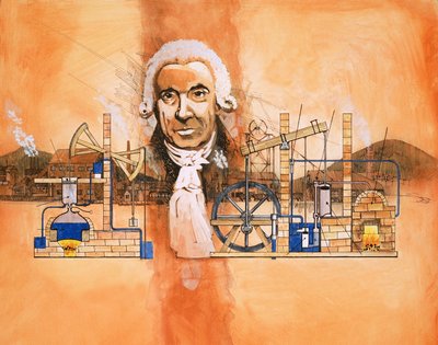James Watt s pecemi a mechanickými čerpadly v pozadí od English School
