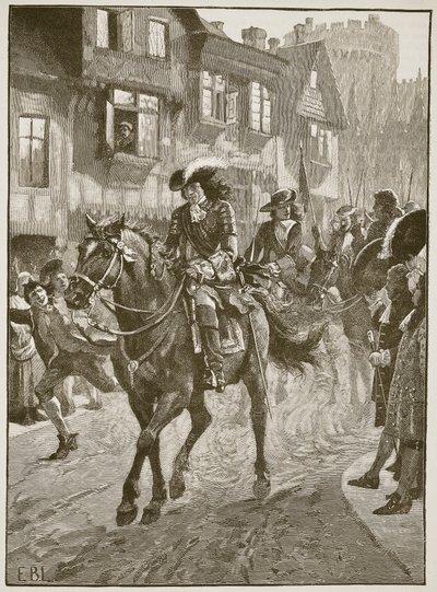 Jakub vjíždí do Dublinu po bitvě u Boyne, ilustrace z Cassells Illustrated History of England (sépiová fotografie) od English School