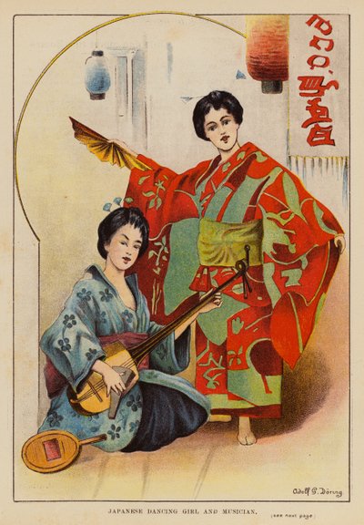 Japonská tanečnice a hudebník (barevná litografie) od English School