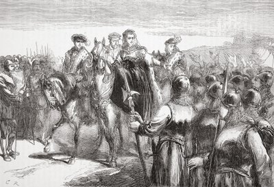 Jeanne DAlbret, královna Navarre, promluva k hugenotským vojákům, ilustrace z Historie protestantismu od Jamese Aitkena Wylie (1808-1890), hospoda. 1878 od English School