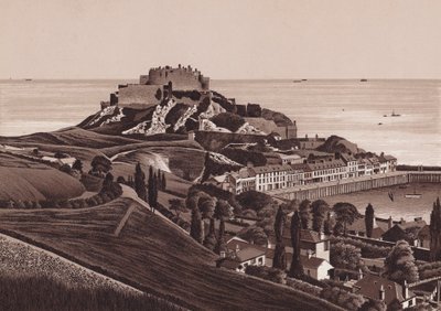 Jersey, Chanelské ostrovy: Mount Orgueil Castle a přístav Gorey (litografie) od English School