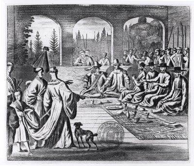 Jezuité s holandskými a portugalskými obchodníky na dvoře japonského císaře, ilustrace z A Memorable Embassy to the Emperor of Japan od Arnolda Montana, vydáno v Londýně 1670 od English School