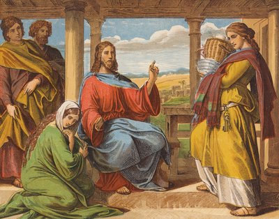 Ježíš Kristus v domě Marty a Marie (barevná litografie) od English School