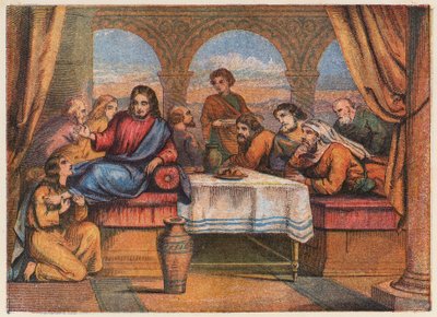 Ježíš Kristus s učedníky a Marií Magdalenou (barevná litografie) od English School