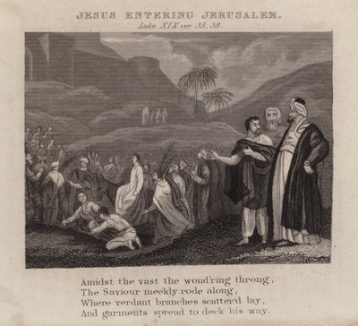 Ježíš vstupující do Jeruzaléma, Lukáš XIX, ver 35, 38 (rytina) od English School
