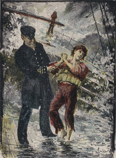 John Alexander Strachan, kapitán parníku Cyprian, dává svou záchrannou vestu mladému černému pasažérovi předtím, než loď v roce 1881 ztroskotala ve vichřici u velšského pobřeží (barva litho) od English School
