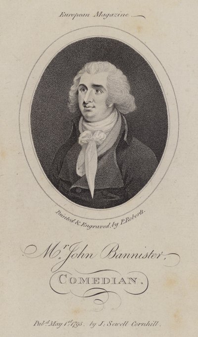 John Bannister , anglický herec, komik a divadelní manažer (rytina) od English School