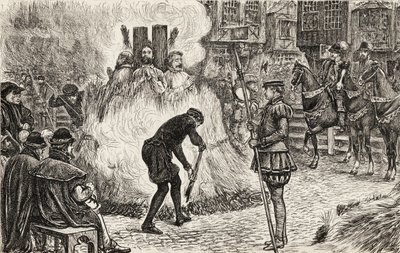 John Bland, John Frankesh, Nicholas Sheterden a Humphrey Middleton upáleni zaživa za kacířství v 16. století, kolem roku 1865 (dřevoryt) od English School