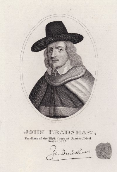 John Bradshaw, anglický soudce, který byl předsedou Nejvyššího soudu pro proces s králem Karlem I. v roce 1649 (rytina) od English School