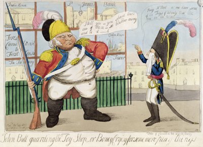 John Bull Hlídá hračkářství aneb Boney pláče pro některé další věci na hraní, hospoda. od S.W. Fores, 1803 (barevný lept) od English School