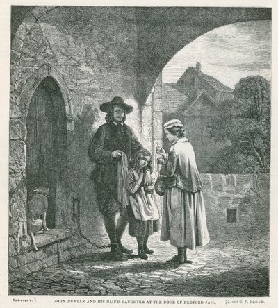 John Bunyan a jeho slepá dcera u dveří bedfordské věznice od English School
