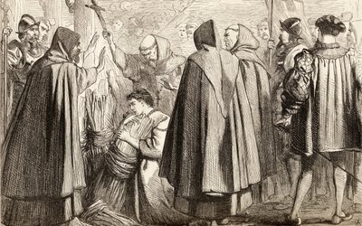 John Frith bude upálen na hranici za kacířství v roce 1533, kolem roku 1865 (dřevoryt) od English School