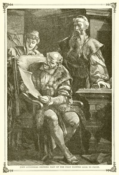 John Gutenberg ukazuje část První tištěné knihy Faustovi od English School