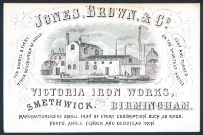 Jones, Brown & Co, Victoria Iron Works, obchodní karta od English School