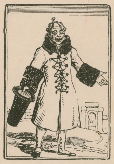 Joseph Grimaldi jako klaun zpívá Celý svět v Paříži, Surrey Theatre, 1814 od English School