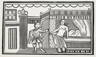 Joseph a jeho milenka, ilustrace z Chap-books of the Eighteenth Century od Johna Ashtona, hospoda. 1882 od English School