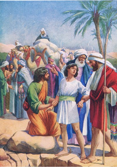 Joseph prodaný svými bratry z knihy The Bible Picture Book vydané Thomasem Nelsonem kolem roku 1950 od English School