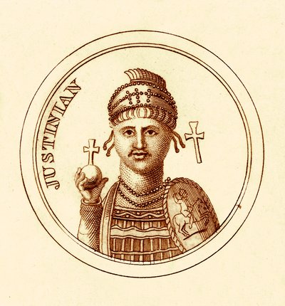 Justinian, ilustrace z The Universal Historical Dictionary od George Crabba, publikovaná v roce 1825 (digitálně vylepšený obrázek) od English School