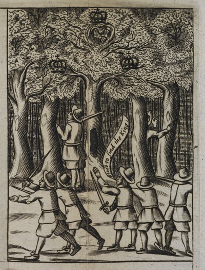 Král Karel II., který se skrývá v Boscobel Woods, z „Historie Jeho Nejsvětějších Veličenstev, nejúžasnější ochrana, po bitvě u Worcesteru“ od English School