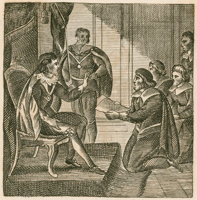 Král Karel I. obdržel petici od Dolní sněmovny, aby jim byla svěřena pravomoc vybírat armády (rytina) od English School