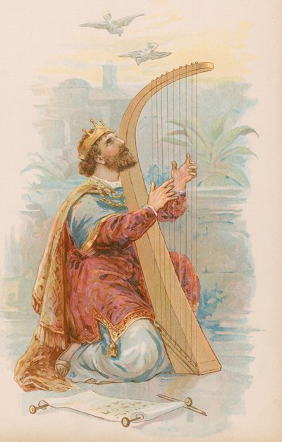 Král David hrající na harfu od English School