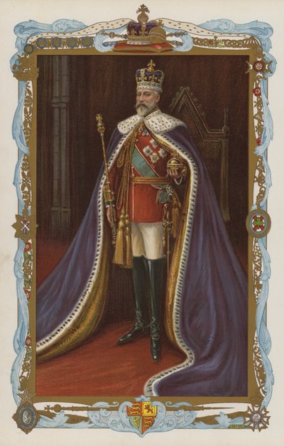 Král Edward VII. v korunovačním rouchu (barevná litografie) od English School