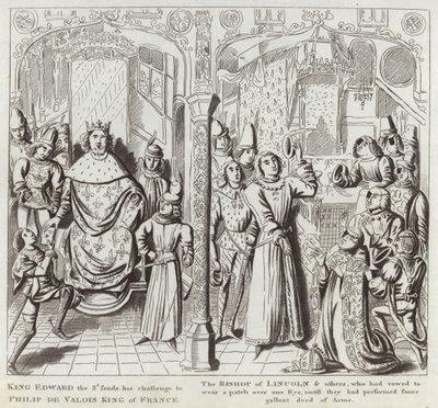 Král Edward Třetí posílá svou výzvu Filipu de Valois, králi Francie, biskupovi z Lincolnu a dalším, kteří se zavázali nosit nášivku přes jedno oko, dokud neprovedou nějaký Galluntský čin A. od English School