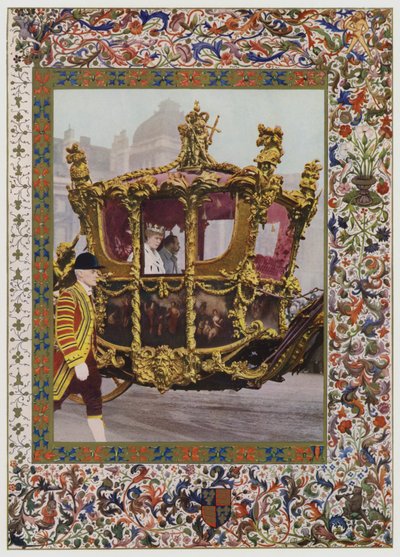 King George V a Queen Mary na koni ve State Coach (barva litho) od English School