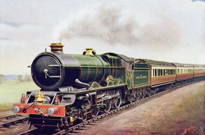 Král George V. z G.W.R. Cornish Railway Express, ilustrace z knihy The Wonder Book of Railways, čtrnácté vydání upravil Harry Golding, 1929 od English School