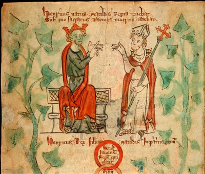 Král Jindřich II. sedící na trůnu, hádající se s Thomasem Becketem, ilustrace z 