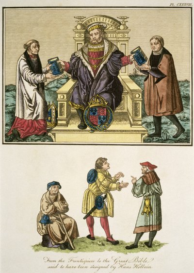 Král Jindřich VIII. (1491-1547) z frontispice k Velké Bibli, o kterém se říká, že jej navrhl Hans Holbein (14978-1543) ilustrace z Úplného pohledu na šaty a zvyky lidí o od English School