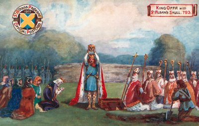 Král Offa s lebkou svatého Albana, 793; přehlídka v St Albans od English School