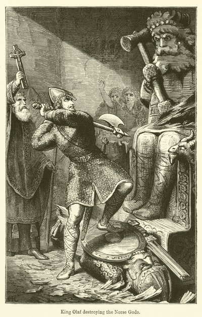 Král Olaf ničící severské bohy (rytina) od English School