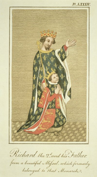 Král Richard II. (1367-1400) se svým otcem Edwardem (1330-76) Černým princem, ilustrace z Úplného pohledu na šaty a zvyky anglického lidu, svazek II, vydané 1799 (barevné od English School
