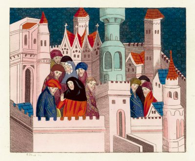 Král Richard II se svými přáteli v Conway (barevná rytina) od English School