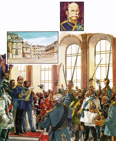Pruský král Vilém ohlašující v paláci ve Versailles vznik sjednocené německé říše od English School