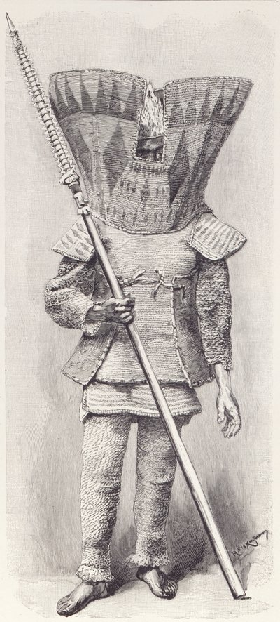 Kingsmill Islander v plné zbroji, z Historie lidstva, svazek 1, od prof. Friedricha Ratzela, 1896 od English School