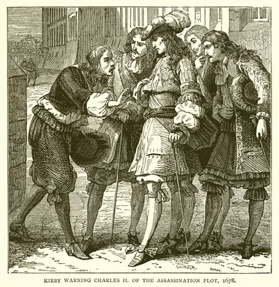 Kirby varuje Karla II před spiknutím atentátu, 1678 od English School